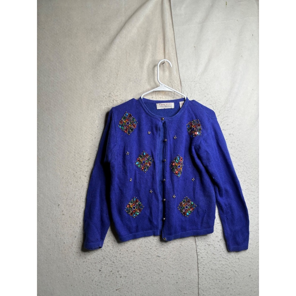 Karen Scott Evening Royal Blue Silk Angora Beaded Sequin Cardigan Sweater Small